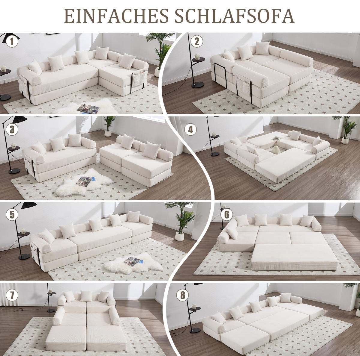 SOFA modular mit Schlaffunktion 270x180 cm Cord Beige - Beige, Kunststoff (180/64/270cm) - Meubliv