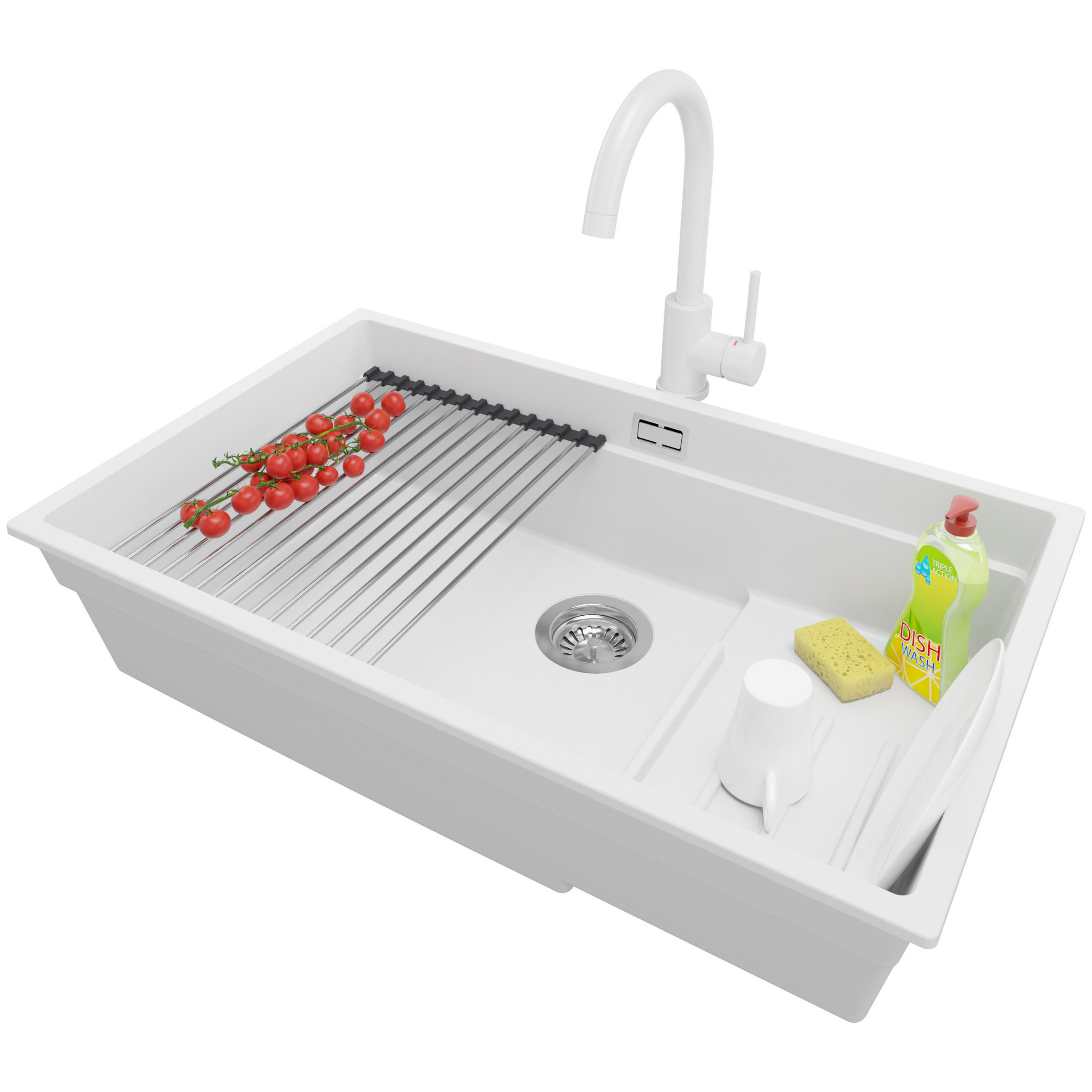 GRANITSPÜLE Praga Slim, 2-er set Weiß 76/47 cm 1 Becken + Küchenarmatur 32/20 cm + Ablauf-Set + Aufrollbare Abtropffläche ab 80er Unterschrank - Chromfarben/Weiß, Kunststoff (76/20/47cm) - Primagran