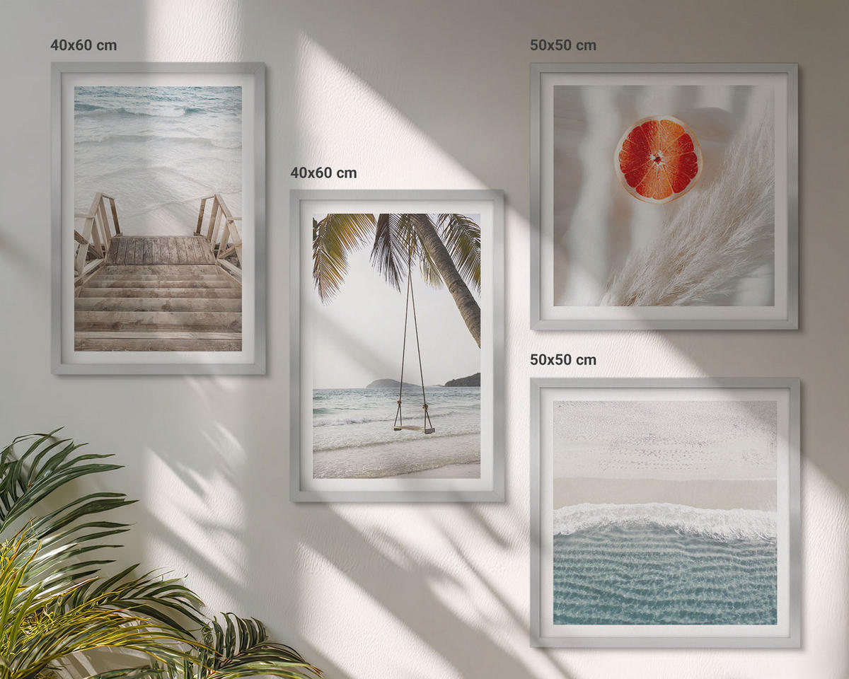 WANDBILDER 4er Set - 50x50 cm & 40x60 cm Silberner Rahmen - Strandatmosphäre dank hölzerner Treppen. - Silberfarben, Kunststoff (50/50cm) - ArtPrintCave
