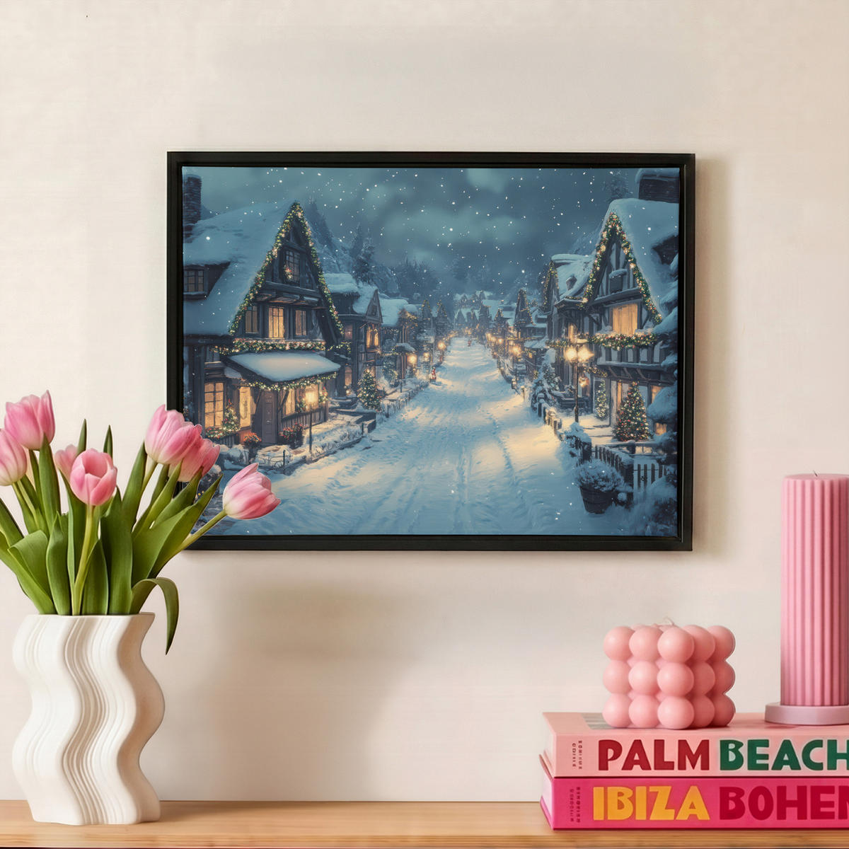 LEINWAND Bilder mit Rahmen - Weihnachtsdorf - Weihnachten - Schnee - Winter - 40x30 - Dunkelblau, Textil (40/30cm) - MuchoWow