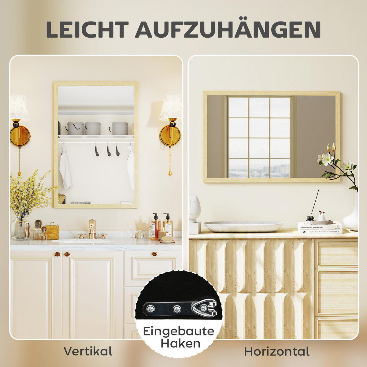 RECHTECKIG Spiegel Dekorativ 40 x 60 cm - Naturfarben, Holzwerkstoff (2/60/40cm) - HOMCOM