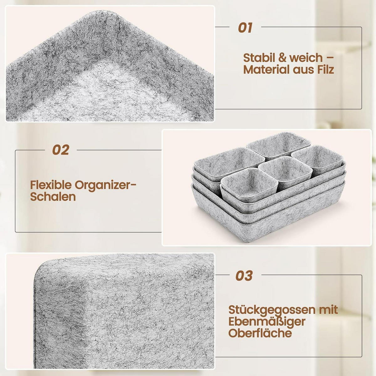SCHUBLADEN Organizer 9-teiliges Set Filz Hellgrau - Grau, Textil (20/7/28cm)