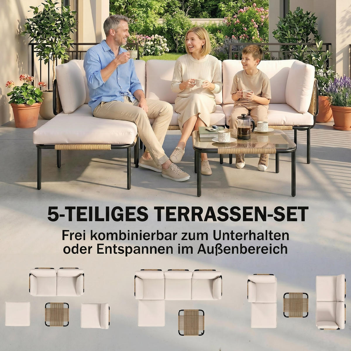 RATTAN-GARTENMÖBEL-SET 5er Set PE-Rattan Stahl Khaki - Beige/Schwarz, Textil/Metall - Outsunny