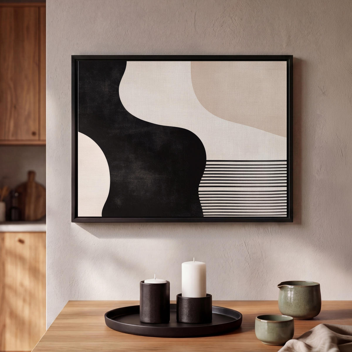 LEINWAND Bilder mit Rahmen - Abstrakt - Japandi - Beige - Modern - 40x30 - Schwarz, Textil (40/30cm) - MuchoWow