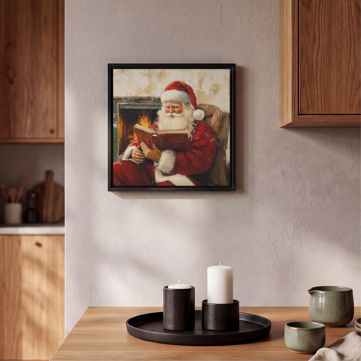 LEINWAND Bilder mit Rahmen - Weihnachten - Weihnachtsmann - Winter - Open Fireside - 20x20 - Dunkelrot, Textil (20/20cm) - MuchoWow