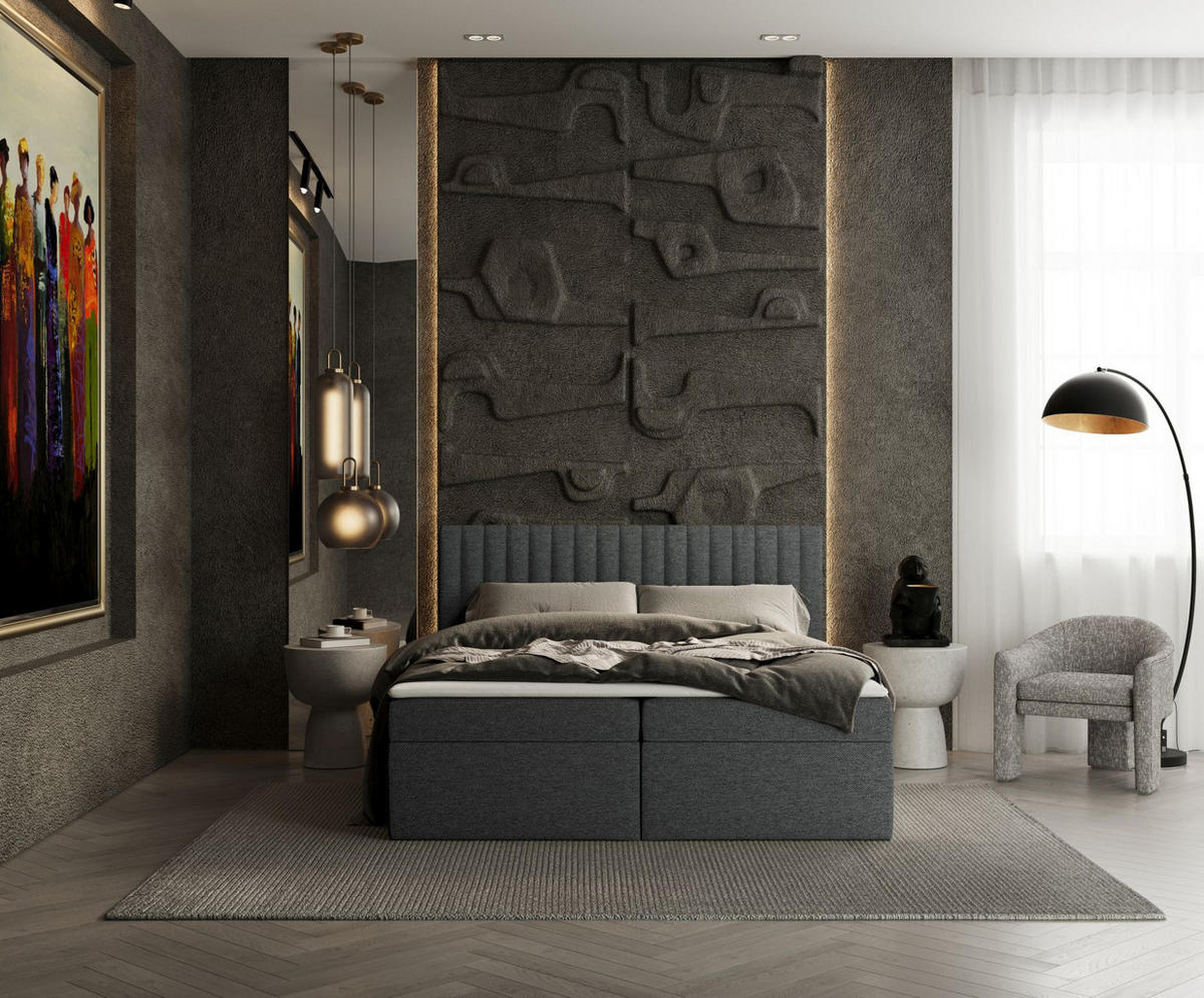 BOXBETT Spencer Anthrazit 140/200 cm mit Matratze und Topper - Anthrazit/Schwarz, Holz/Holzwerkstoff (140/200cm) - Maison de Reve
