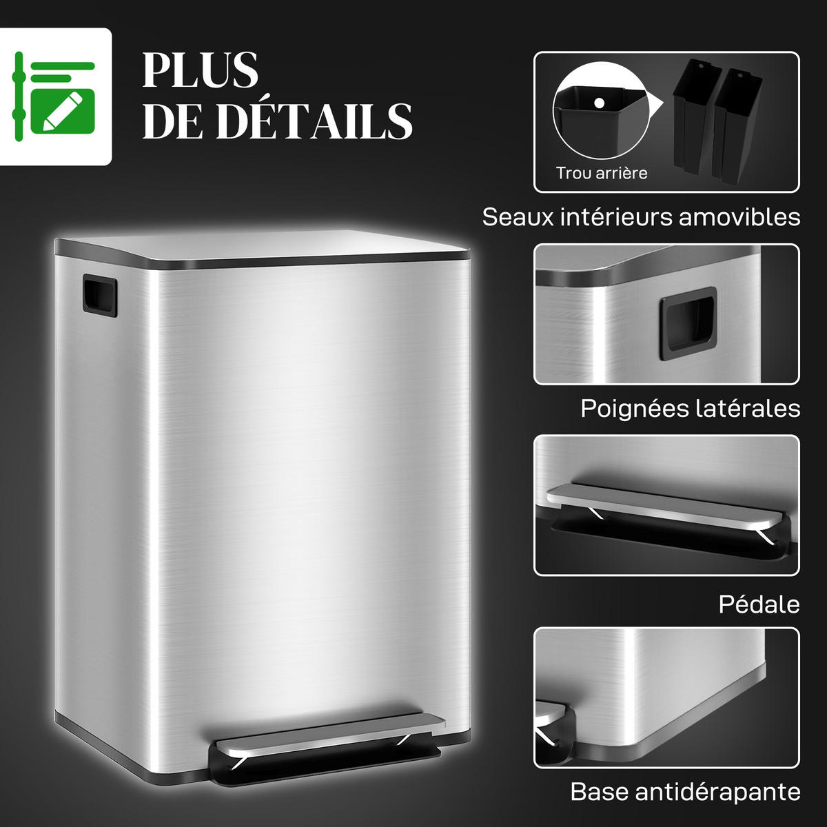 MÜLLTRENNSYSTEM Silber Soft-Close Pedal Edelstahl 2x30L - Silberfarben, Metall (47.7/66.8/37.5cm) - PANGIVO