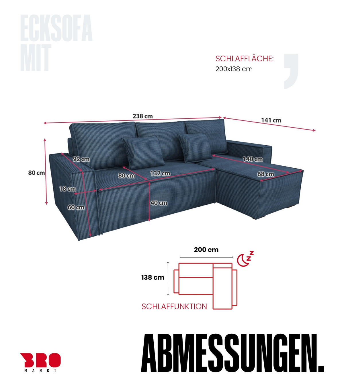 ECKSOFA Dexter mit Schlaffunktion Blau Cord - Blau, Textil (238/141cm) - Bromarkt