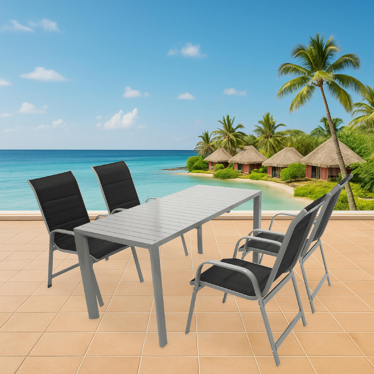 GARTEN-GARNITUR Ashford - 5-teilige Garten-Essgruppe (4x Stapelsessel Hochlehner Aluminium silbergrau + Textilgewebe gepolstert schwarz - Grau, Metall - TPFGarden