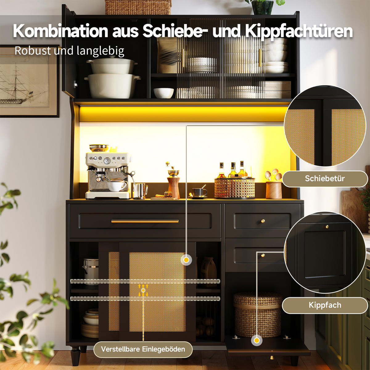 BUFFETSCHRANK Schwarz 120/45/195.5 cm - Schwarz, Holz (120/195.5/45cm) - PANGIVO