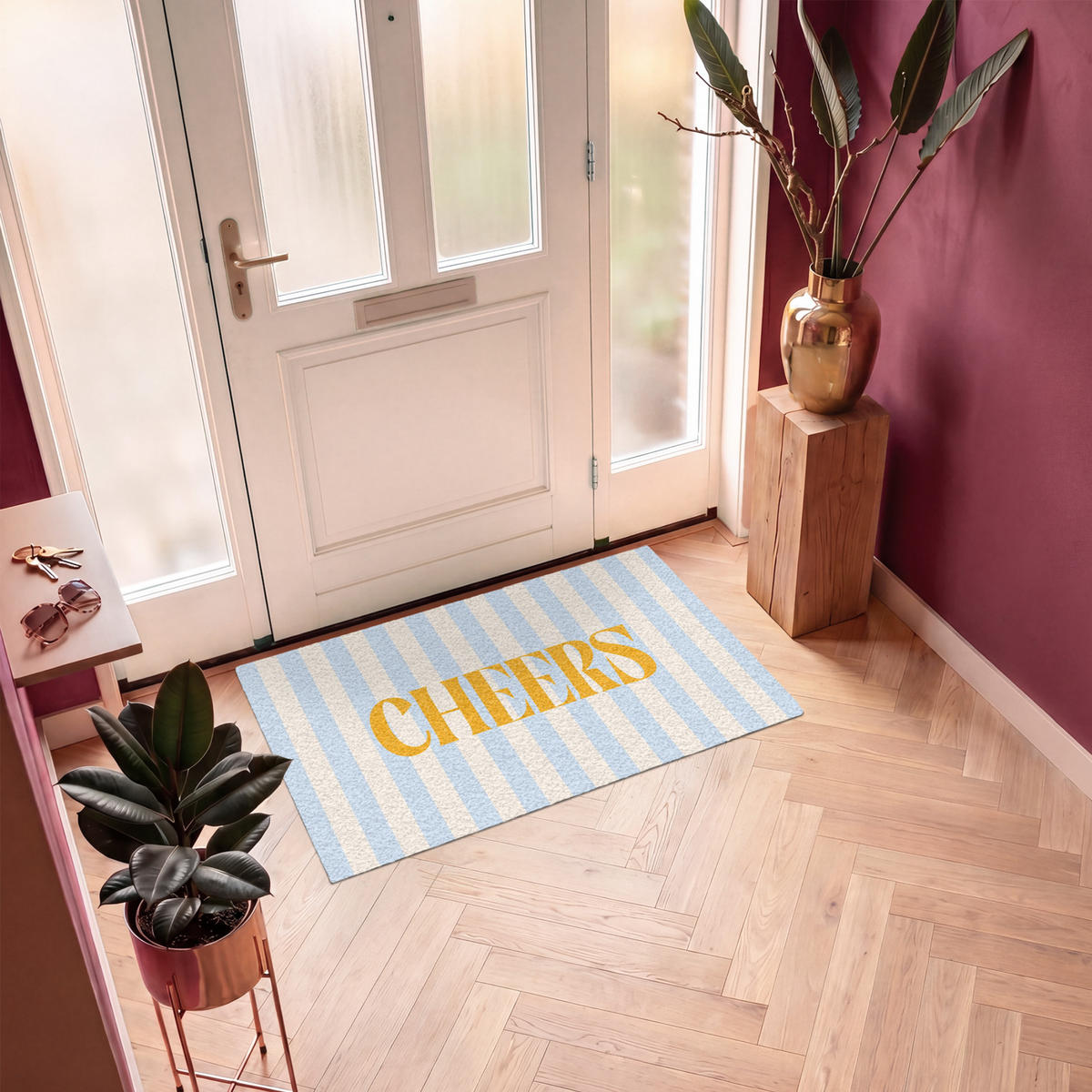 FUSSMATTE Orange – Blau – Streifen – Cheers 120x80 cm - Hellblau, Kunststoff (120/0.4cm) - MuchoWow