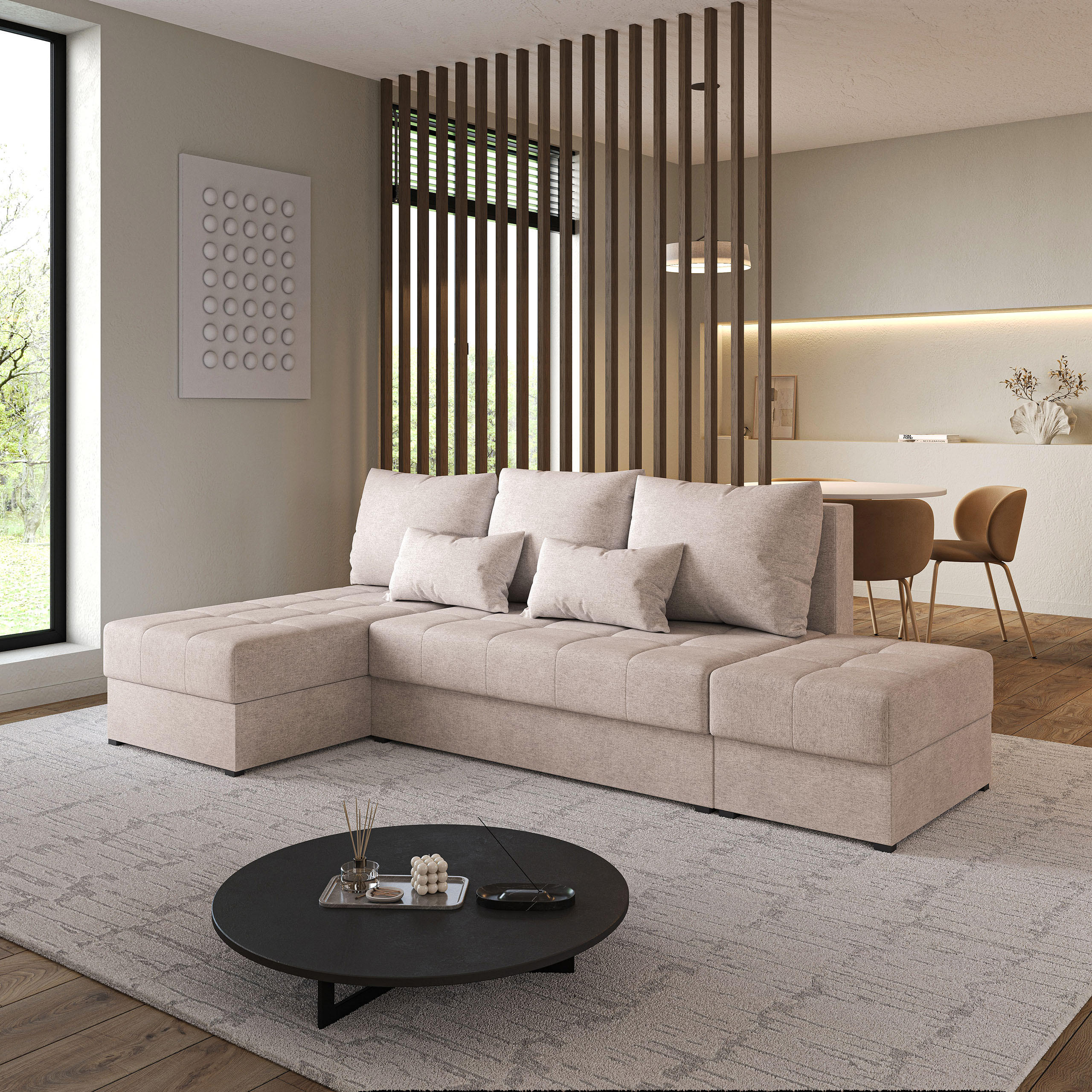 ECKSOFA NORVI Beige Geflochtener Stoff mit Schlaffunktion - Beige, Holz (251/143cm) - MASSENO