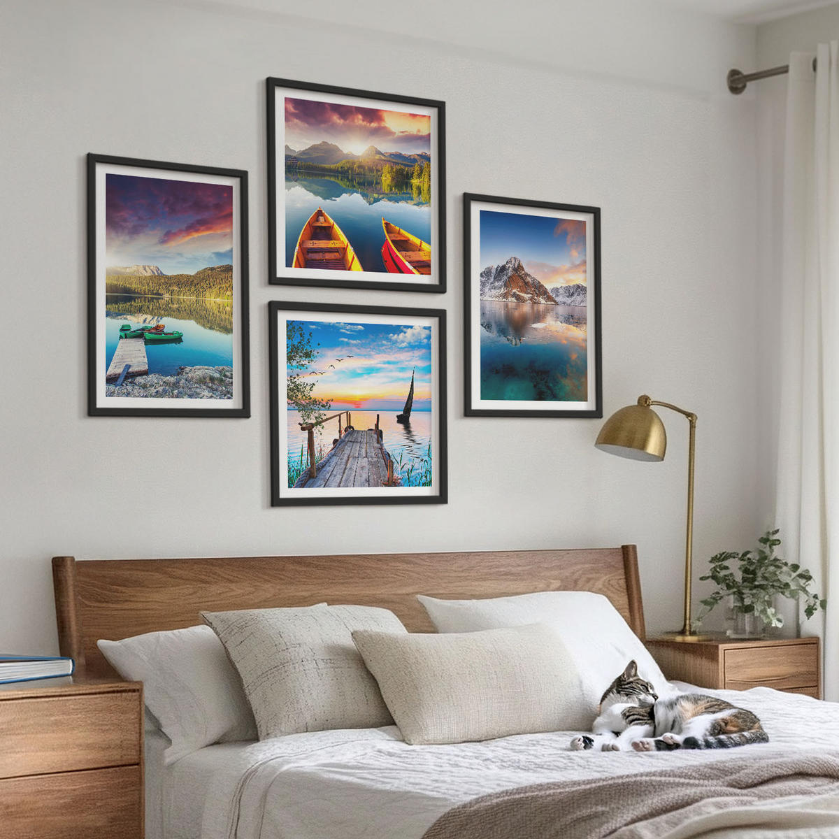 WANDBILDER 4er-Set - 50x50 cm & 40x60 cm Schwarzer Rahmen - Seen- und Berglandschaft Łódź - Schwarz, Kunststoff (50/50cm) - ArtPrintCave