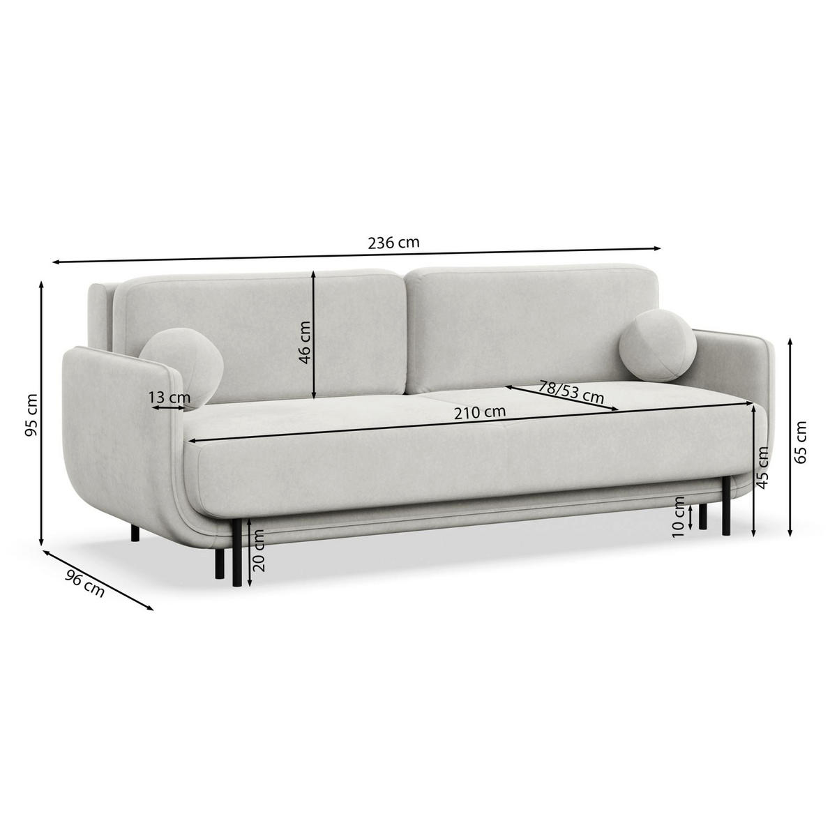 SCHLAFSOFA Ovals Hellgrau - Hellgrau/Schwarz, Textil/Metall (236/95/96cm) - Selsey