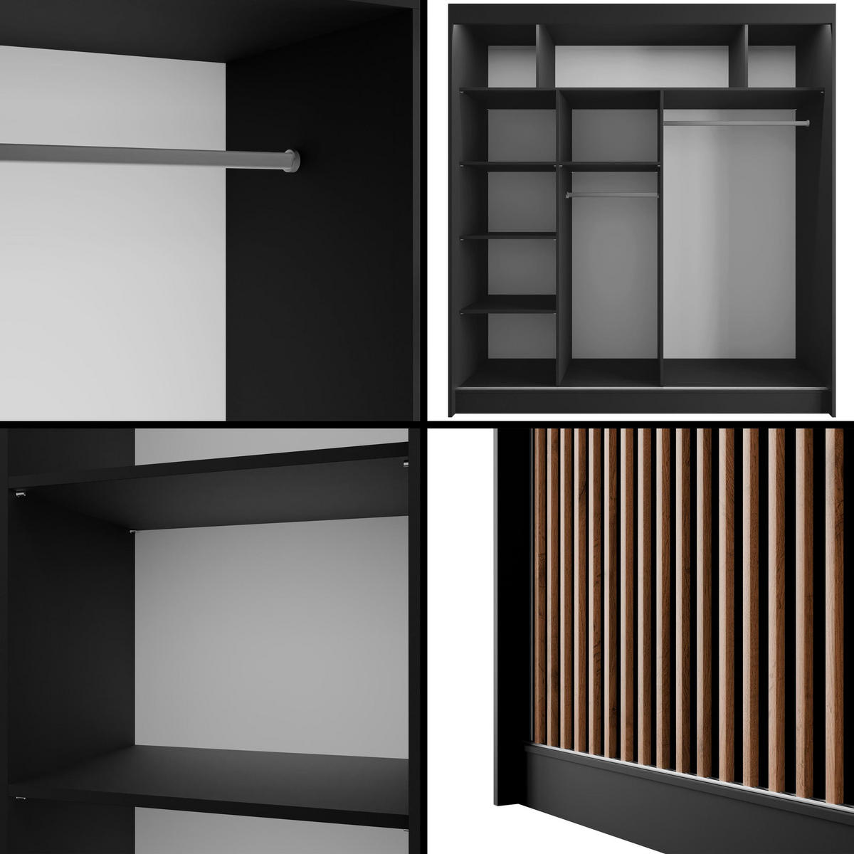 KLEIDERSCHRANK mit LED, Lamel-Schiebetüren VILANv2 - 200 cm Schwarz + Lamelle Eiche Wotan - Eiche Wotan/Schwarz, Holzwerkstoff (200/215/61cm) - ALTDECOR