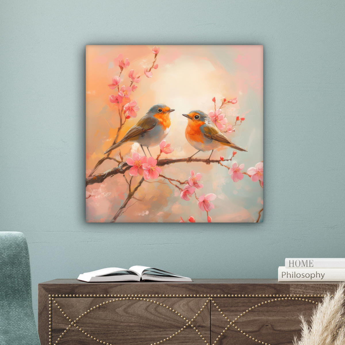 LEINWANDBILD Rotkehlchen - Zierpflanze - Blütenzweig Wandbild Wohnzimmer 50x50 cm - Hellrosa, Textil (50/50cm) - MuchoWow