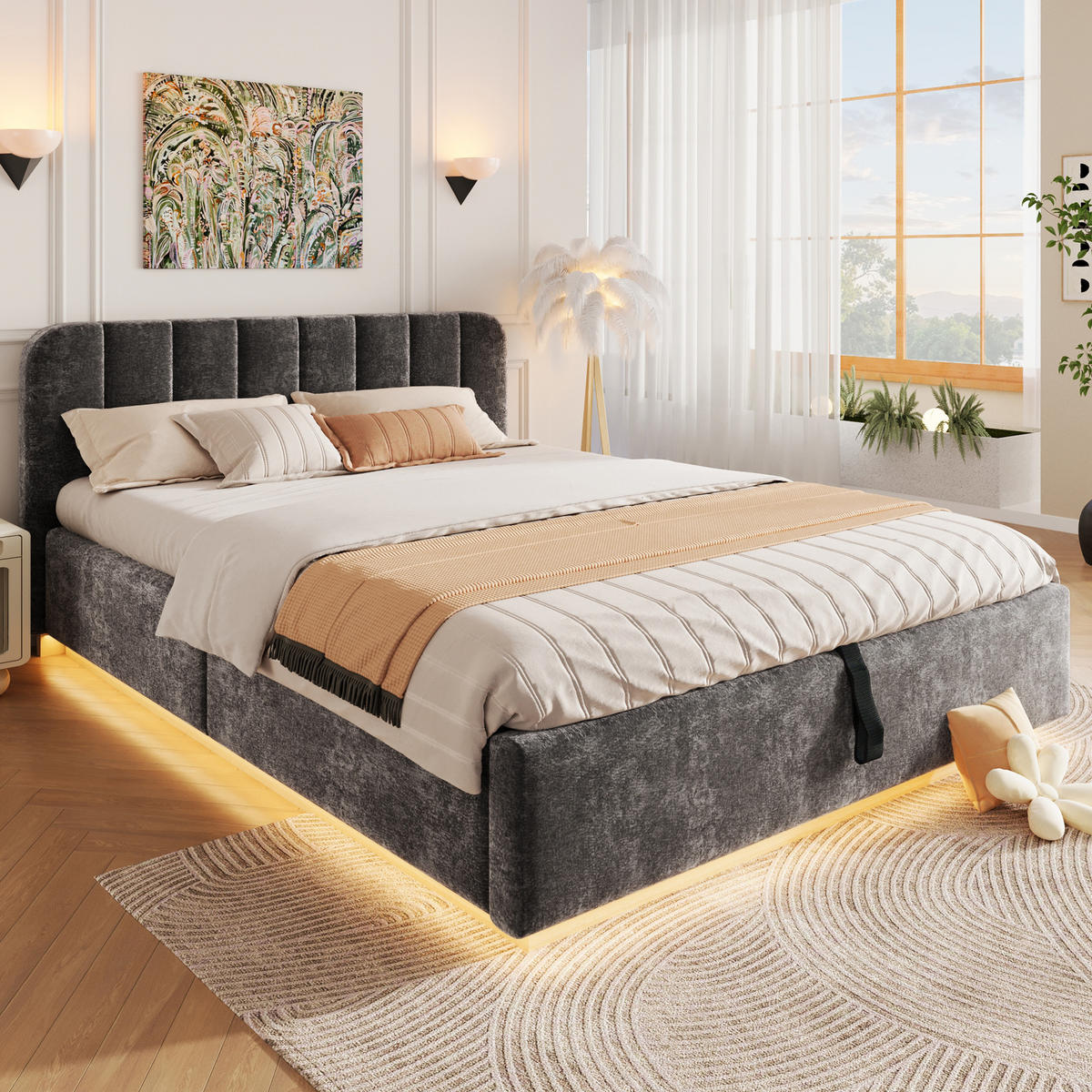 ČALOUNĚNÁ POSTEL 140x200cm Úložná LED Žinylka Antracit - šedá, kompozitní dřevo (140/200cm) - FLIEKS