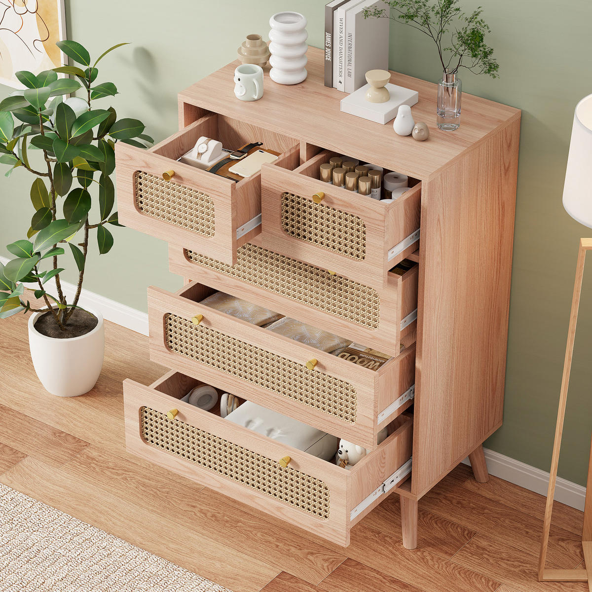 KOMMODE mit 5 Schubladen, Massivholzbeinen, Modernes Design, Braun - Braun, Holz (34/91/60cm)