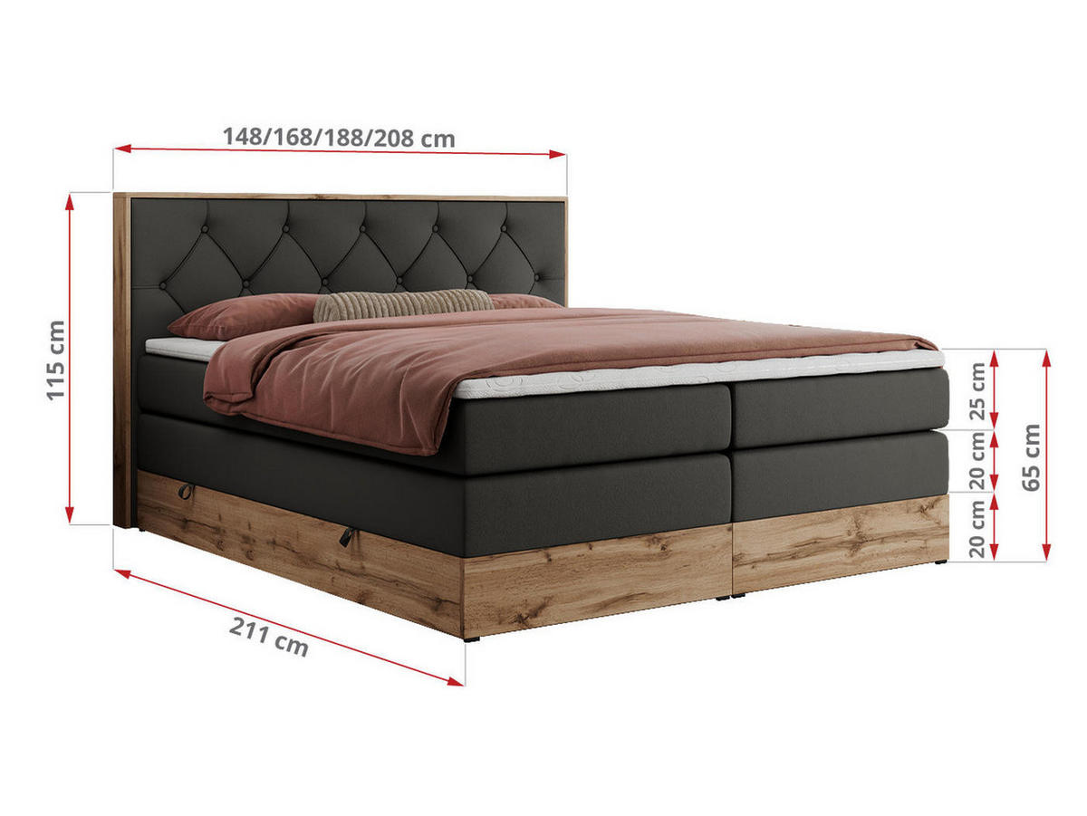 BOXSPRINGBETT VENETO KING 180/200 Dunkelgrau Kunstleder - H4 - Dunkelgrau, Holz/Textil (180/200cm) - MKS