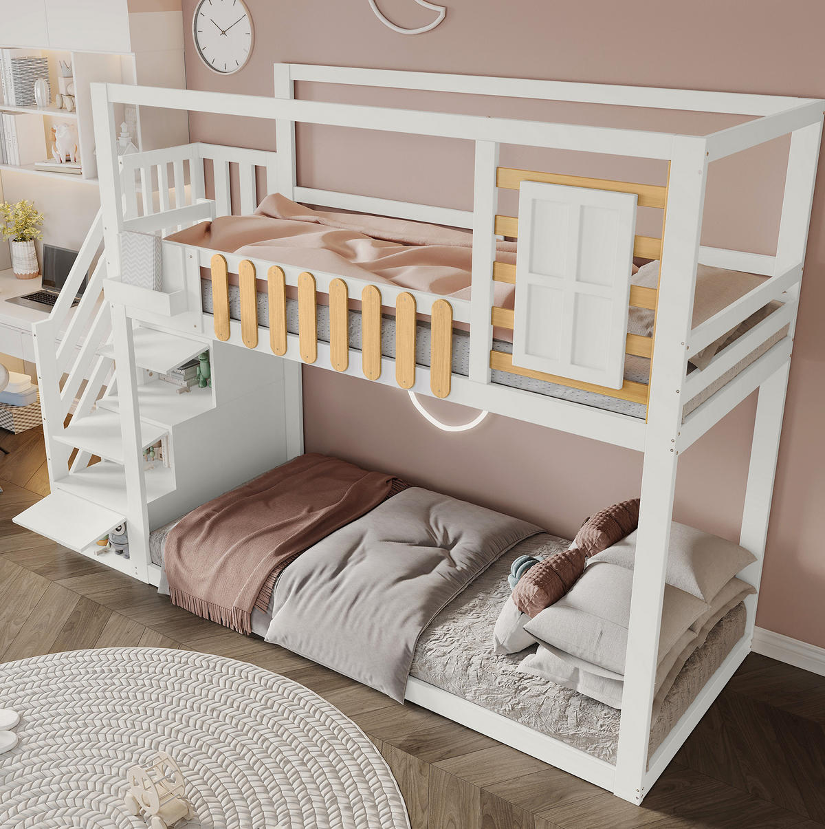 PALANDA 90/200 cm s trepou, oknem a úložnými schránkami, masivní borovice a MDF, bezpečné zábradlí, Bílá a přírodní - bílá, dřevo (90/200cm) - Redom