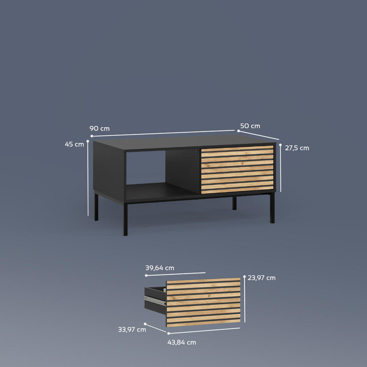COUCHTISCH Aterno Goldkraft Eiche/Anthrazit mit einer Schublade - Honigeiche/Anthrazit, Holzwerkstoff (50/90/45cm) - Livinity®