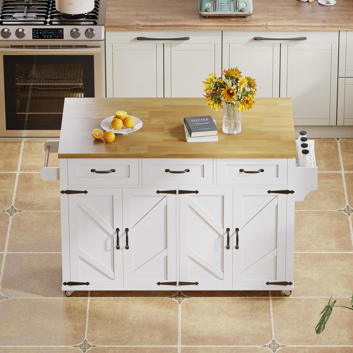 KÜCHENINSEL mit klappbarer Arbeitsplatte 140x43(70)x90,5 cm White/Natural - Weiß, Holz (70/90.5/140cm) - Beauniv