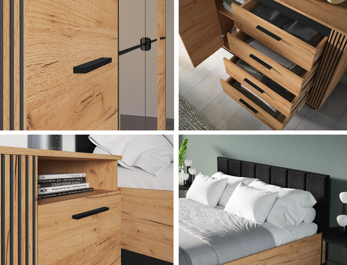 SCHLAFZIMMER-SET 4-teilig Urso Gold Craft Eiche / Schwarz - Schwarz/Braun, Holz/Holzwerkstoff (140/200cm) - Feldmann-Wohnen