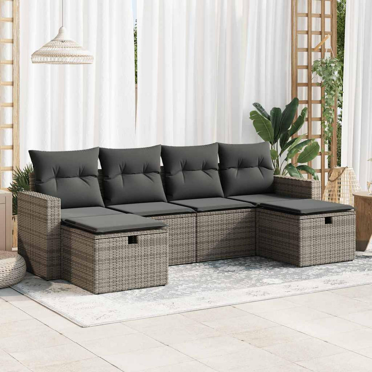GARTEN-SOFAGARNITUR 6-TLG. Mit Kissen Grau Poly Rattan - Grau, Kunststoff - vidaXL