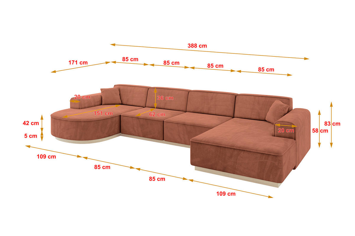 WOHNLANDSCHAFT ARRIO-U2 303x171x83 cm Koralle - Koralle, Holzwerkstoff/Textil (388/83/171cm) - ALTDECOR