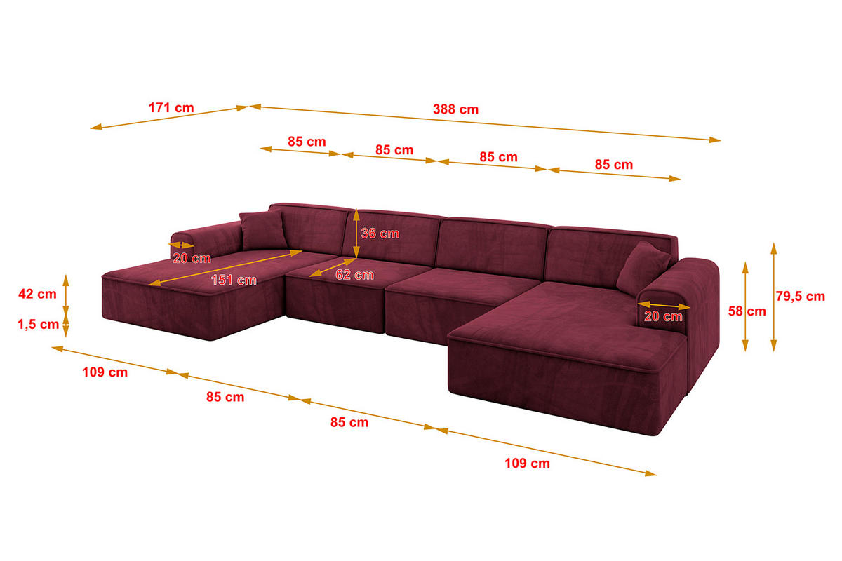 WOHNLANDSCHAFT IREA-U2-v3 - 388x171x79 cm Bordeauxrot - Bordeaux, Holzwerkstoff/Textil (388/79/171cm) - ALTDECOR