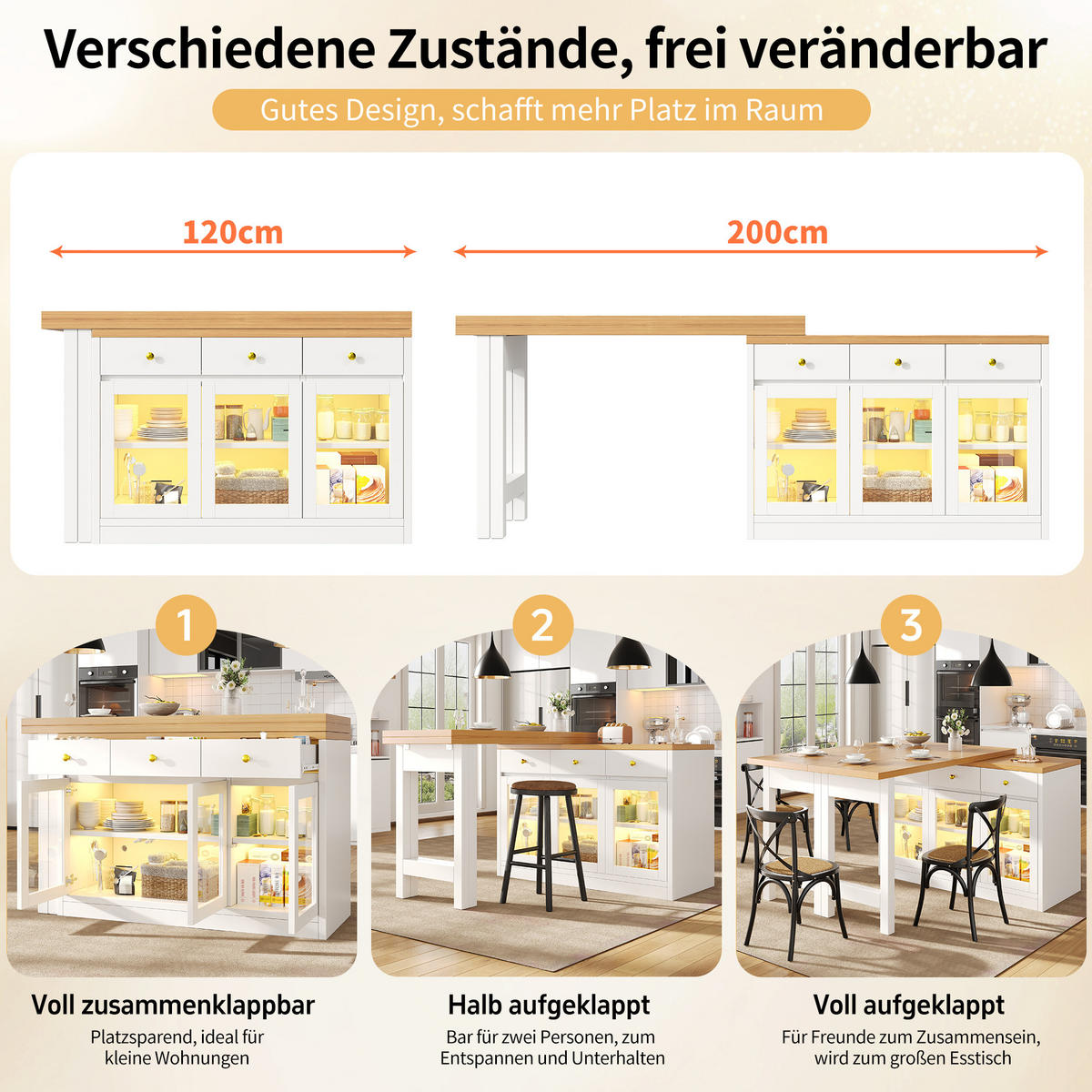 KUCHYŇSKÝ OSTRŮVEK ROZKLÁDACÍ LED SKLENĚNÁ DVÍŘKA - bílá, kompozitní dřevo (40/120/75.5cm) - FLIEKS