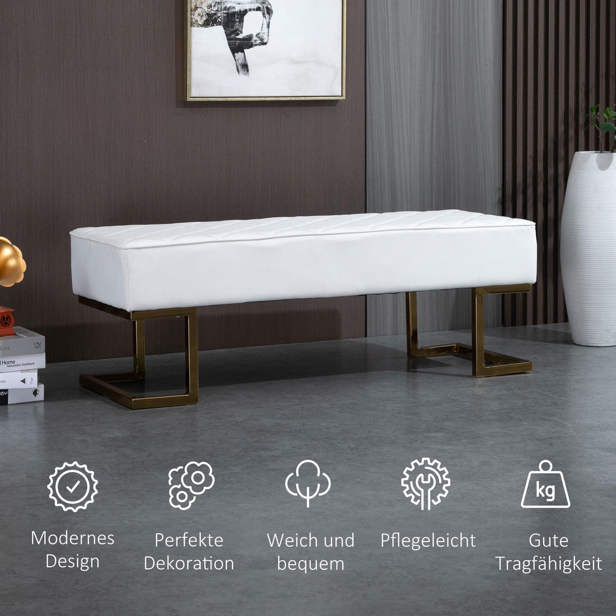BETTBANK, Wohnzimmer, Kunstleder, Metall, Weiß+Gold, 120 x 43 x 42 cm - Weiß, Kunststoff (43/42/120cm) - HOMCOM