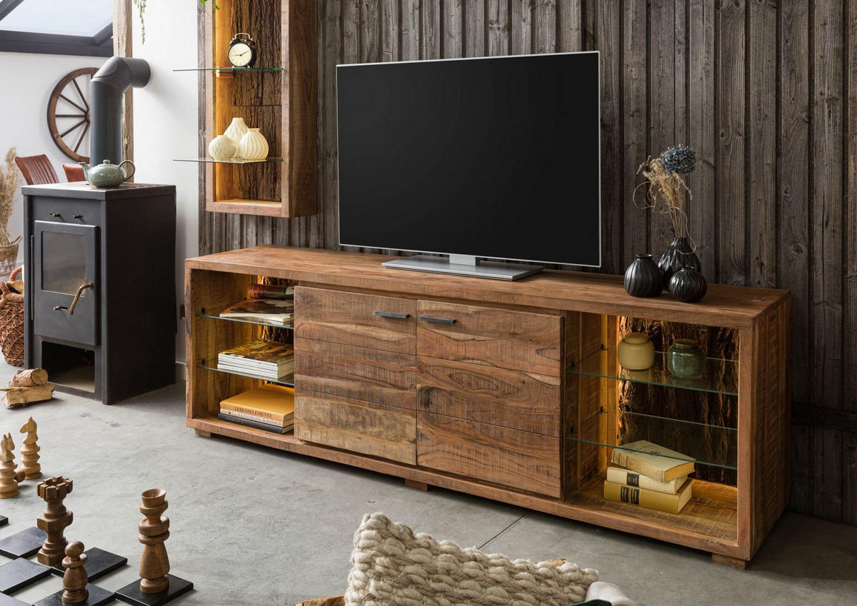 TV-BOARD Akazie 200x40x63 natur lackiert BARK #113 - Naturfarben, Holz (200/63/40cm) - Massivmoebel24