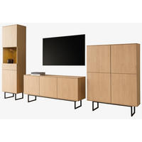 WOHNWAND Stone Eiche 3-teilig 353 cm, Wohnkombination mit Push-to-Open - Eichefarben/Schwarz, Holzwerkstoff/Metall (353/200/40cm) - Furn.Design