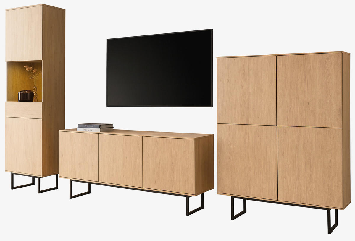 WOHNWAND Stone Eiche 3-teilig 353 cm, Wohnkombination mit Push-to-Open - Eichefarben/Schwarz, Holzwerkstoff/Metall (353/200/40cm) - Furn.Design