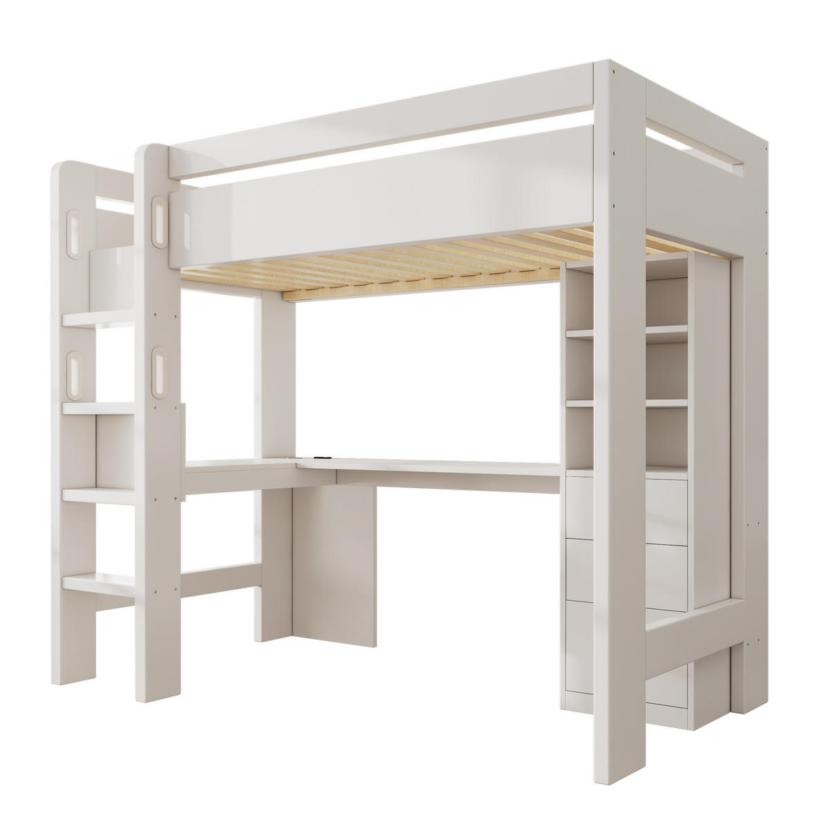 HOCHBETT 90/200 cm Weiß mit L-förmigem Schreibtisch und USB- und Type-C-Anschlüssen - Weiß, Holzwerkstoff (90/200cm) - OKWISH