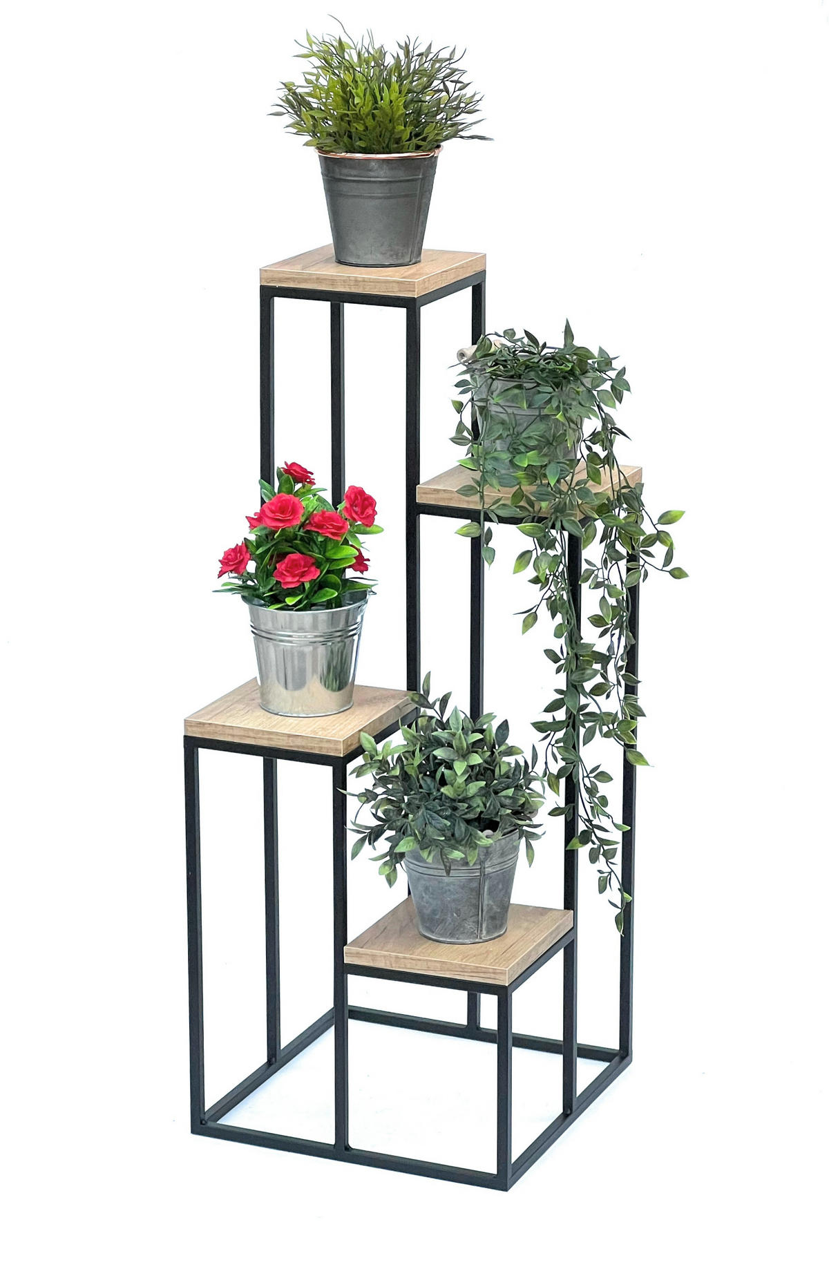 BLUMENTREPPE Schwarz Metall mit 4 Holzablagen 90 cm 96349 - Schwarz, Metall (36/90/36cm) - DanDiBo