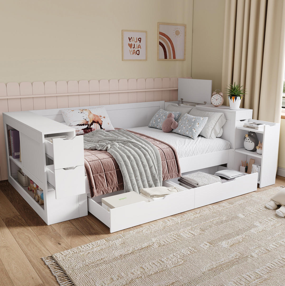 KINDERBETT 140/200 cm aus MDF mit Stauraum Nachttisch und Lattenrost Weiß - Weiß, Holzwerkstoff (140/200cm) - Modenvie