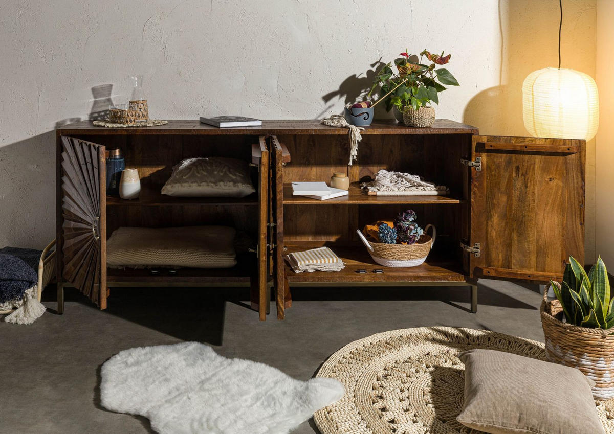 SIDEBOARD Mango 201x48x89 braun lackiert STILMÖBEL #129 - Braun, Holz (201/89/48cm) - Massivmoebel24