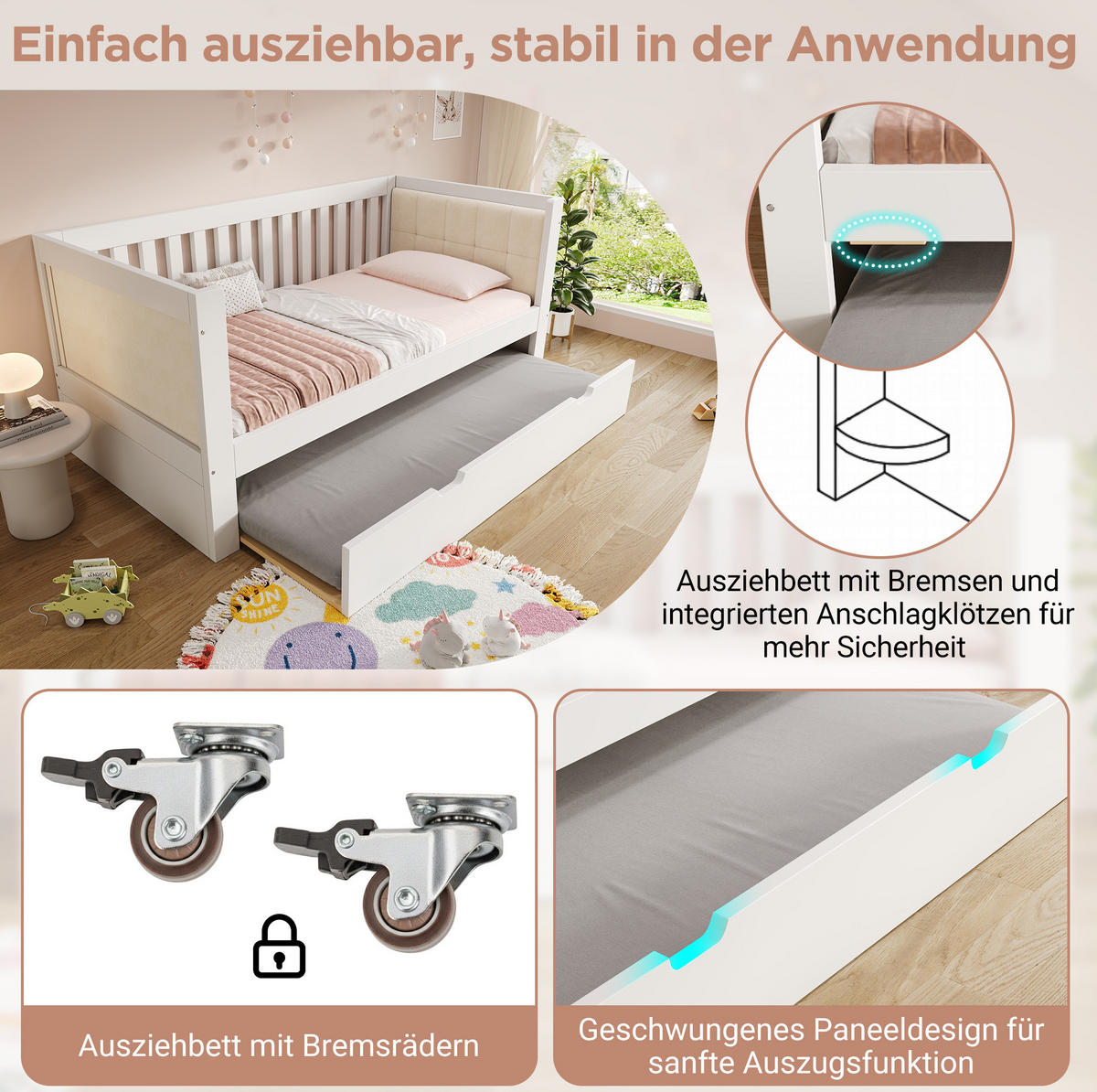 POLSTERBETT 90/200 cm mit Ausziehbett 90/190 cm, Lattenrost und gepolsterter Rückenlehne, Weiß - Weiß, Textil (90/200cm) - Redom