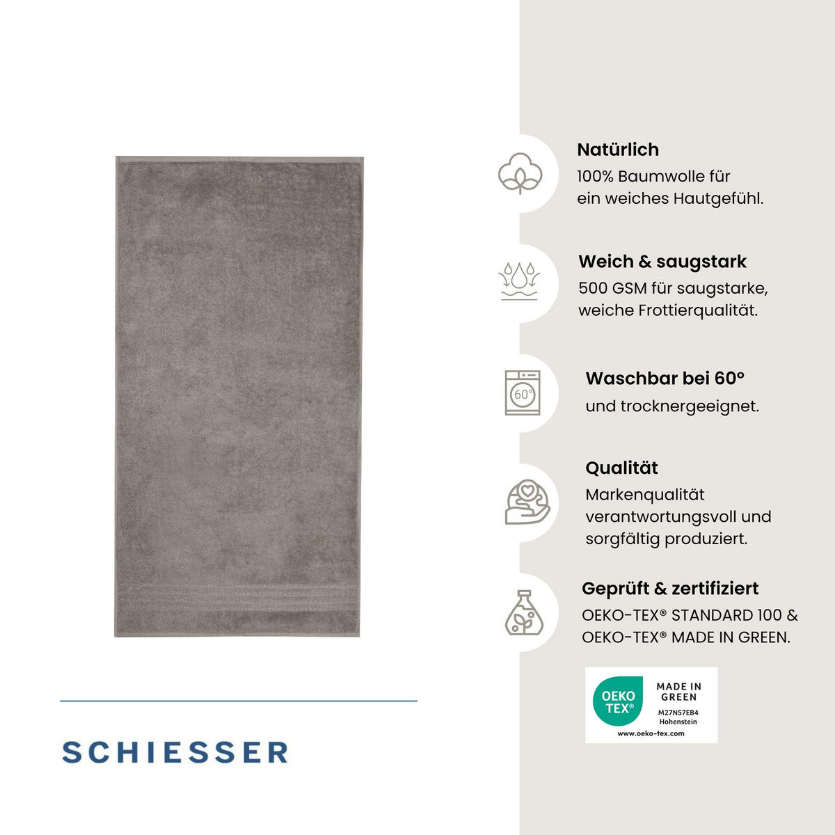DUSCHTUCHSET Milano - 2-teilig - 70x140 cm - Hellgrau - Hellgrau, Textil (70/140cm) - SCHIESSER