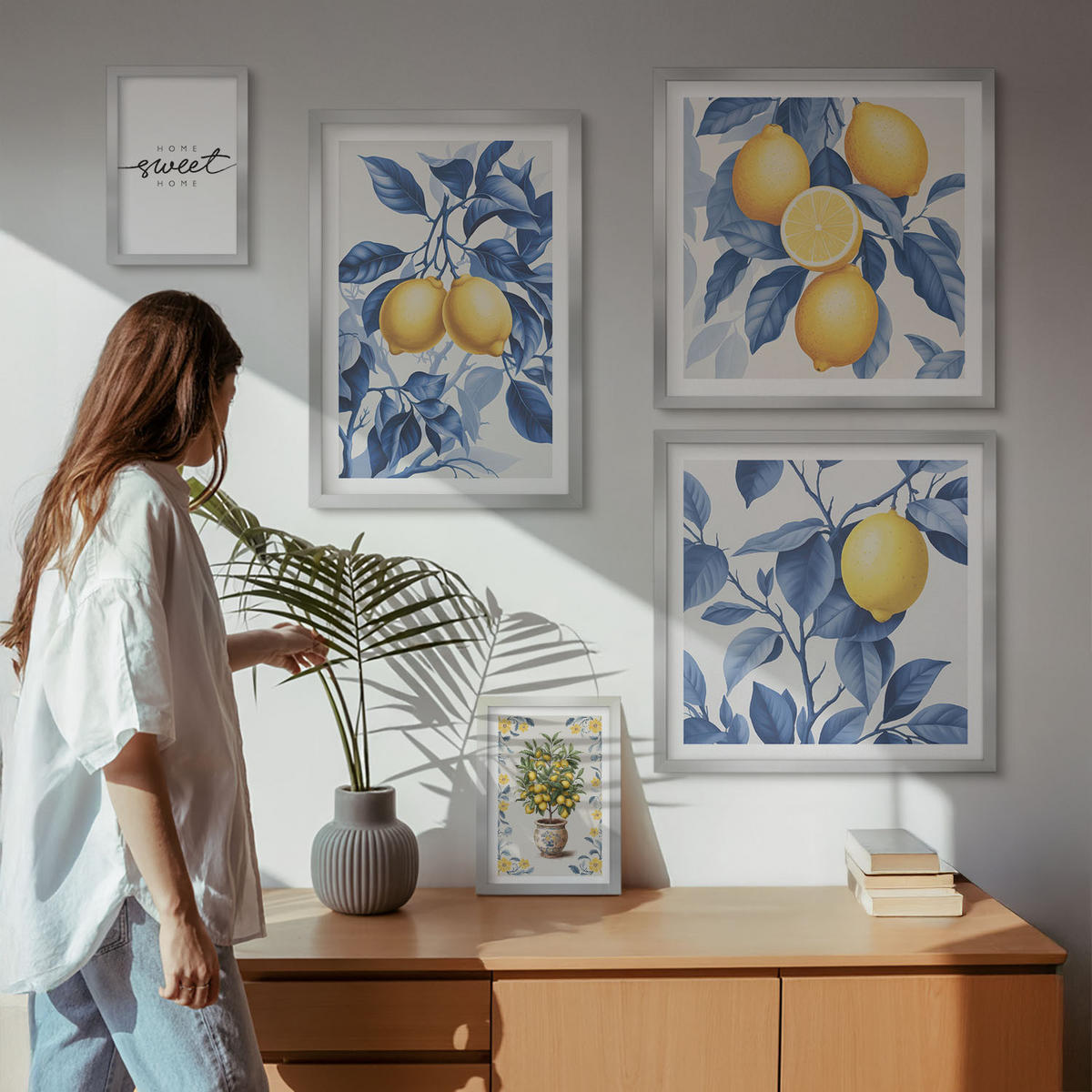 WANDBILDER 5er Set - 50x50 cm & 20x30 cm & 40x60 cm Silberner Rahmen - Zitronenzweige mit blauen Blättern - Silberfarben, Kunststoff (40/60cm) - ArtPrintCave