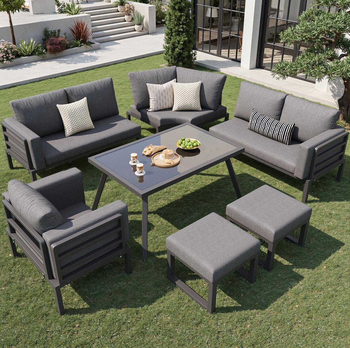 GARTENLOUNGE-SET mit Stahlrahmen & Glastisch, 3 Sofas, Sessel, 2 Hocker, 114/60/77 cm, Grau - Grau, Metall - Redom