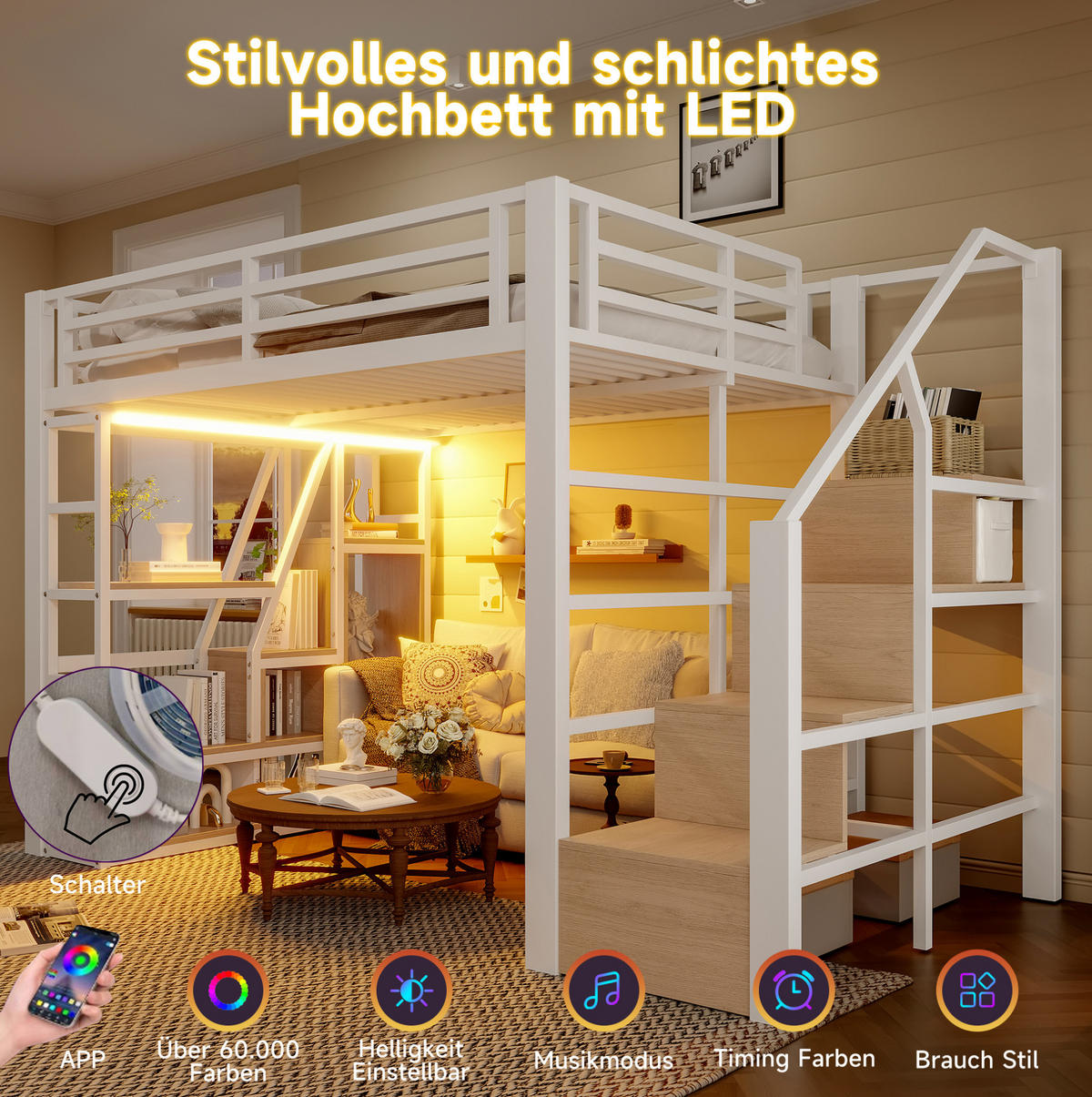 HOCHBETT 140/200 cm Weiß aus Metall und MDF mit LED-Lichtleiste - Weiß, Holzwerkstoff (140/200cm) - OKMYHOME