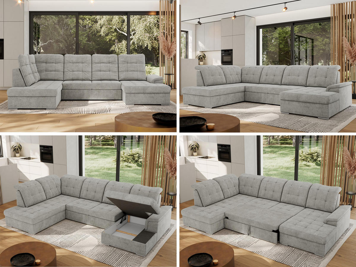 WOHNLANDSCHAFT MADRITO U - Hellgrau Struktur - Links - Silberfarben/Hellgrau, Textil/Metall (204/89/323cm) - MKS