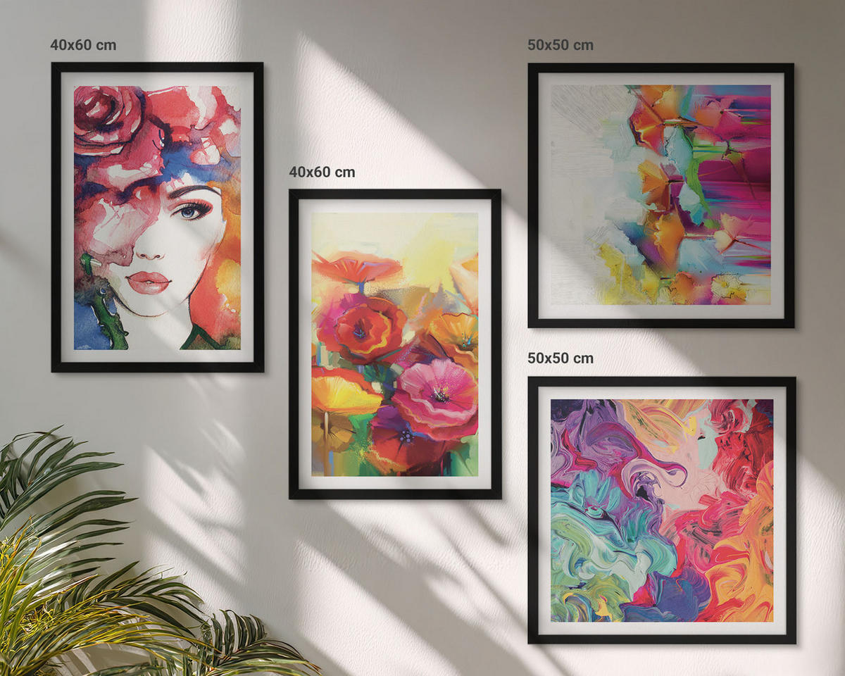 WANDBILDER 4er-Set - 50x50 cm & 40x60 cm Schwarzer Rahmen - Porträt von Blumen in intensiven Farben - Schwarz, Kunststoff (50/50cm) - ArtPrintCave