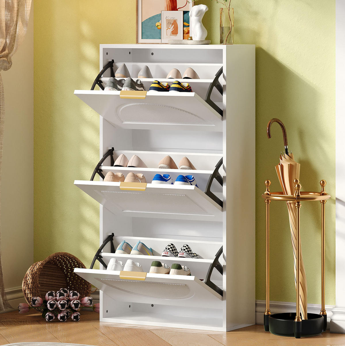 SCHUHSCHRANK 60/24/114 cm in Weiß mit 3 Klappen und verstellbaren Böden - Weiß, Holzwerkstoff (60/114/24cm) - Flora Grace