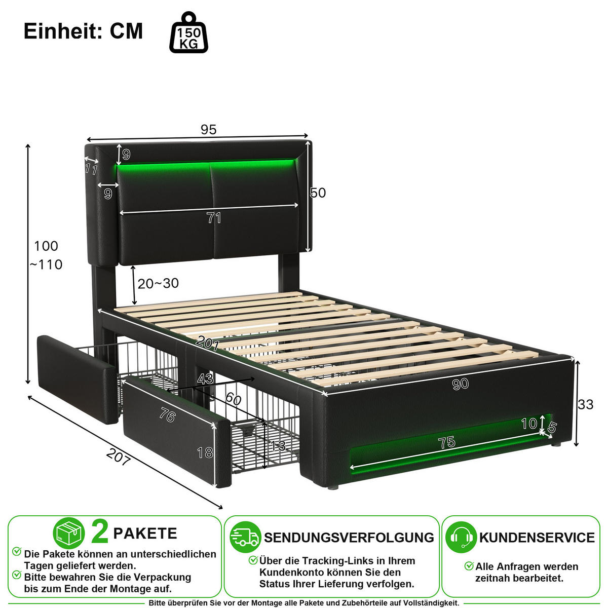 POLSTERBETT 90/200 cm in Schwarz mit 4 Schubladen, LED und USB Kunstleder - Schwarz, Holzwerkstoff/Textil (90/200cm) - CHICFURN