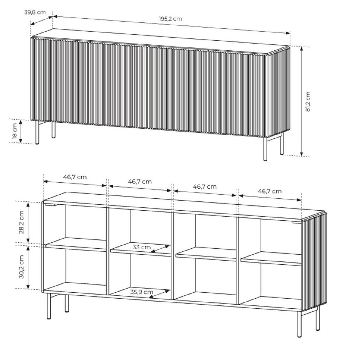 KOMMODE Breite Galiano mit 4 Türen, 195 cm, Schwarz - Schwarz, Holz (195/81/40cm) - Emporius