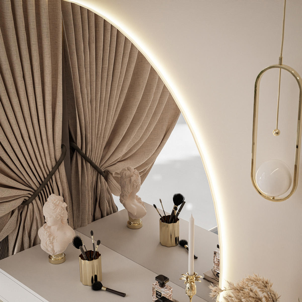 SCHMINKTISCH schwarz QUINNIE mit LED-Spiegel gold Chrom rechts PUSH OPEN - Schwarz Hochglanz/Goldfarben, Holzwerkstoff (100/176/42cm) - Lookway